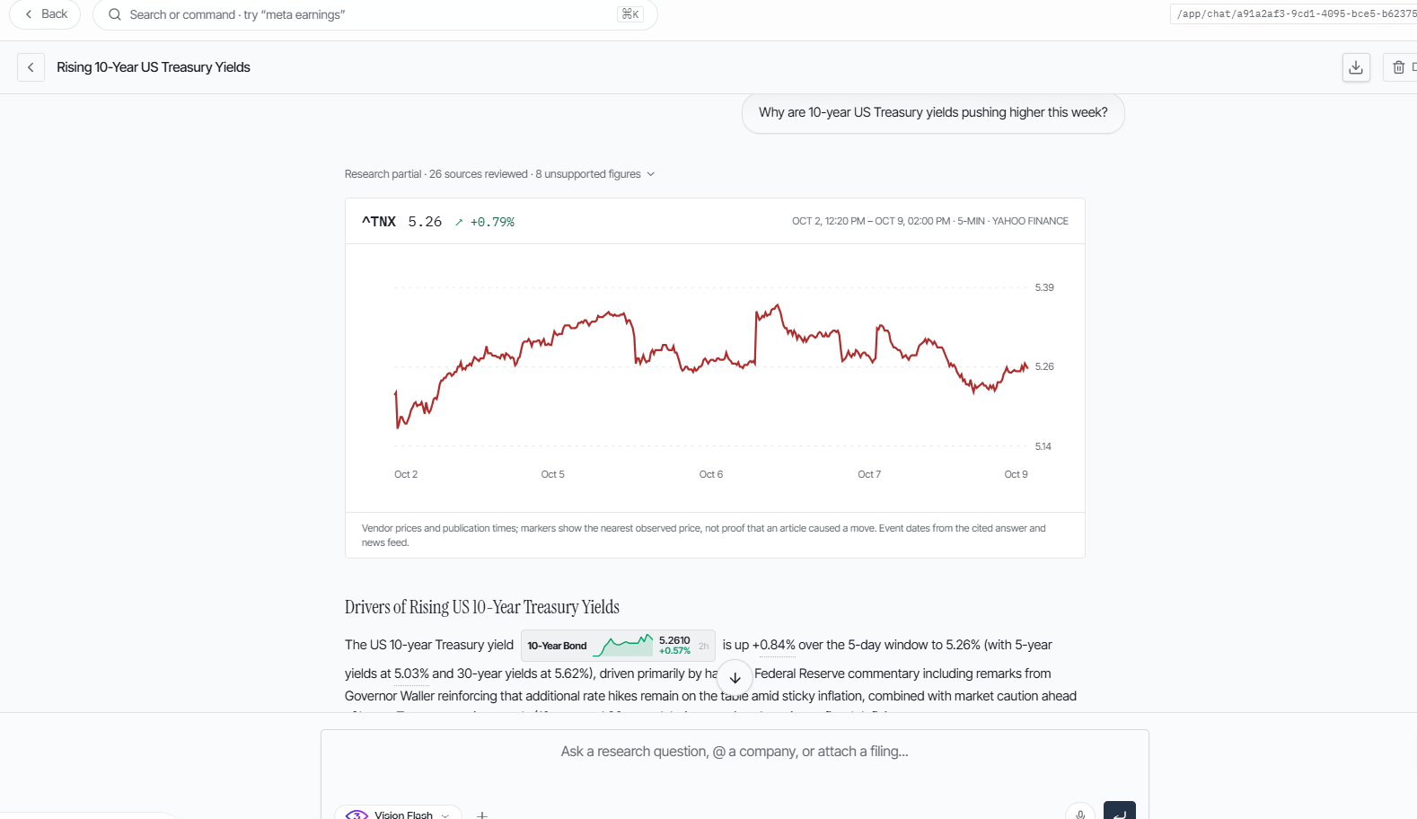 Research chat answering a 10-year US Treasury yield question with an annotated price chart, page 1 of 6