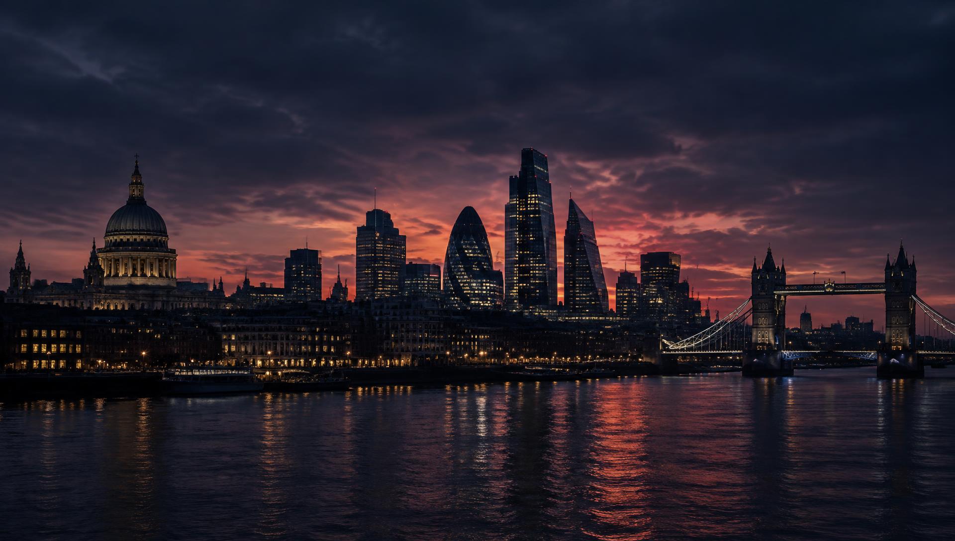 London skyline at dusk across the Thames