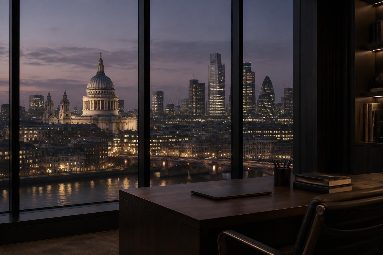 A quiet London office overlooking the city at dusk